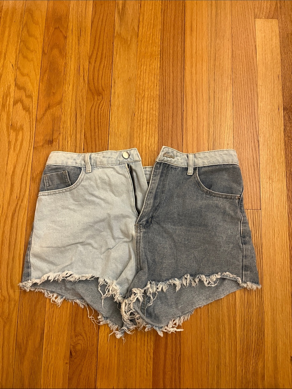 SHEIN Two-Tone Frayed High-Waist Denim Shorts - Light Blue & Dark Blue